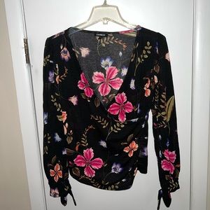 Express Black and Floral V-neck Long-sleeve Top
